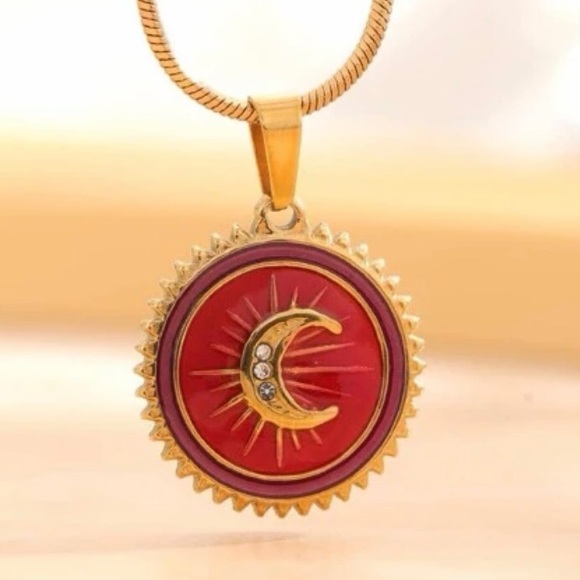 “Blood Red Moon” Lunar Eclipse Sunburst Radiant Crystal Crescent 18K Necklace